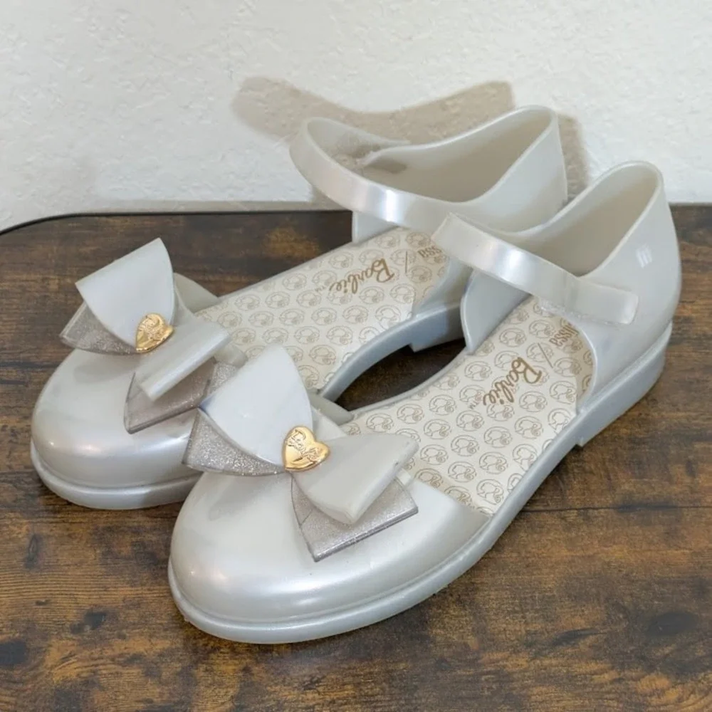 Mini Melissa Barbie Jelly Sandals Metallic White Bow Heart Vegan Big Kid Flats 4